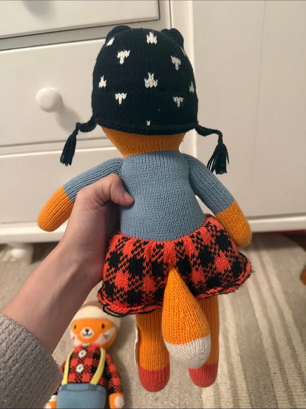 Hand-Knit Orange Fox Plush Doll Pair - Blue & Red Outfit Sadie fox and Wyatt fox